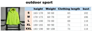 Windbreaker Size Chart