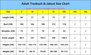 Adult Training Suits&Jacket Size Chart