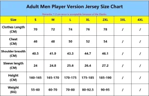 Player Version Size Chart